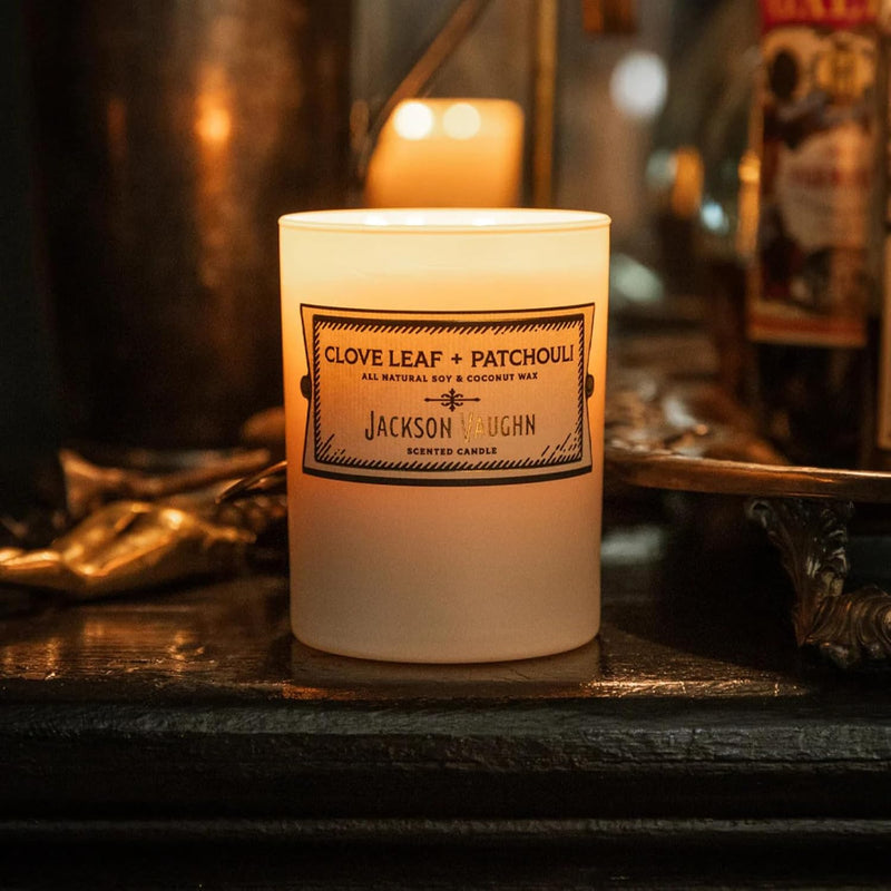Jackson Vaughn Daily Rituals Candle | Aromatherapy Long Lasting Candles Opaque Frosted Glass Jar Luxury Home Fragrance Decor Gift Hand Poured Soy Wax Blend 30 Hour Burn 13.5oz (Clove Leaf + Patchouli)