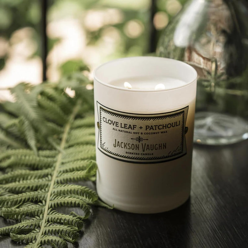 Jackson Vaughn Daily Rituals Candle | Aromatherapy Long Lasting Candles Opaque Frosted Glass Jar Luxury Home Fragrance Decor Gift Hand Poured Soy Wax Blend 30 Hour Burn 13.5oz (Clove Leaf + Patchouli)