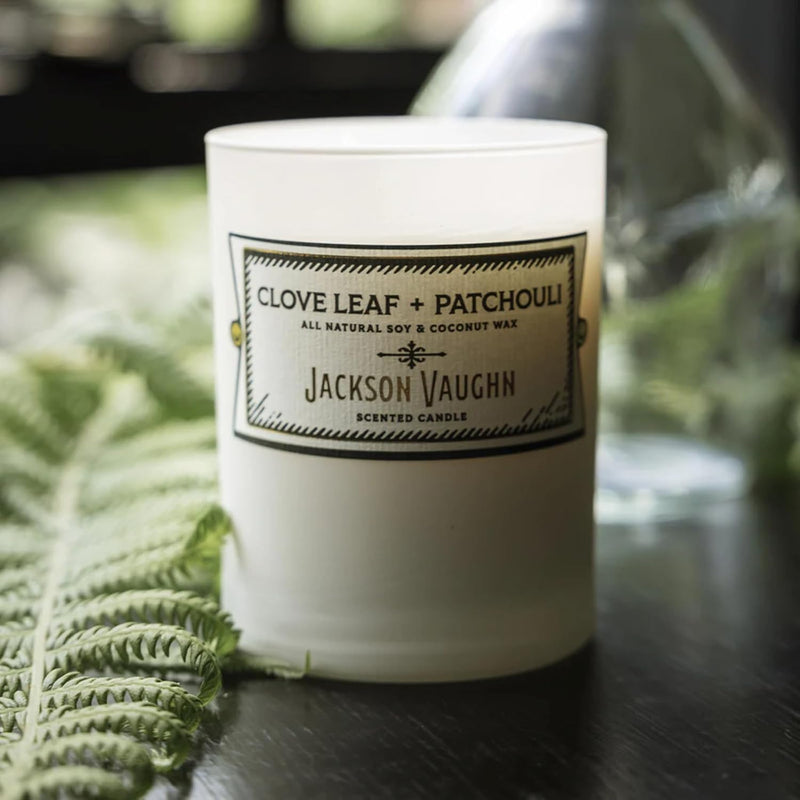 Jackson Vaughn Daily Rituals Candle | Aromatherapy Long Lasting Candles Opaque Frosted Glass Jar Luxury Home Fragrance Decor Gift Hand Poured Soy Wax Blend 30 Hour Burn 13.5oz (Clove Leaf + Patchouli)