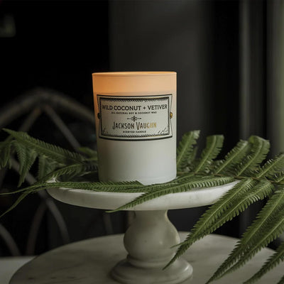 Jackson Vaughn Daily Rituals Candle | Aromatherapy Long Lasting Candles Opaque Frosted Glass Jar Luxury Home Fragrance Decor Gift Hand Poured Soy Wax Blend 30 Hour Burn 13.5oz (Wild Coconut + Vetiver)