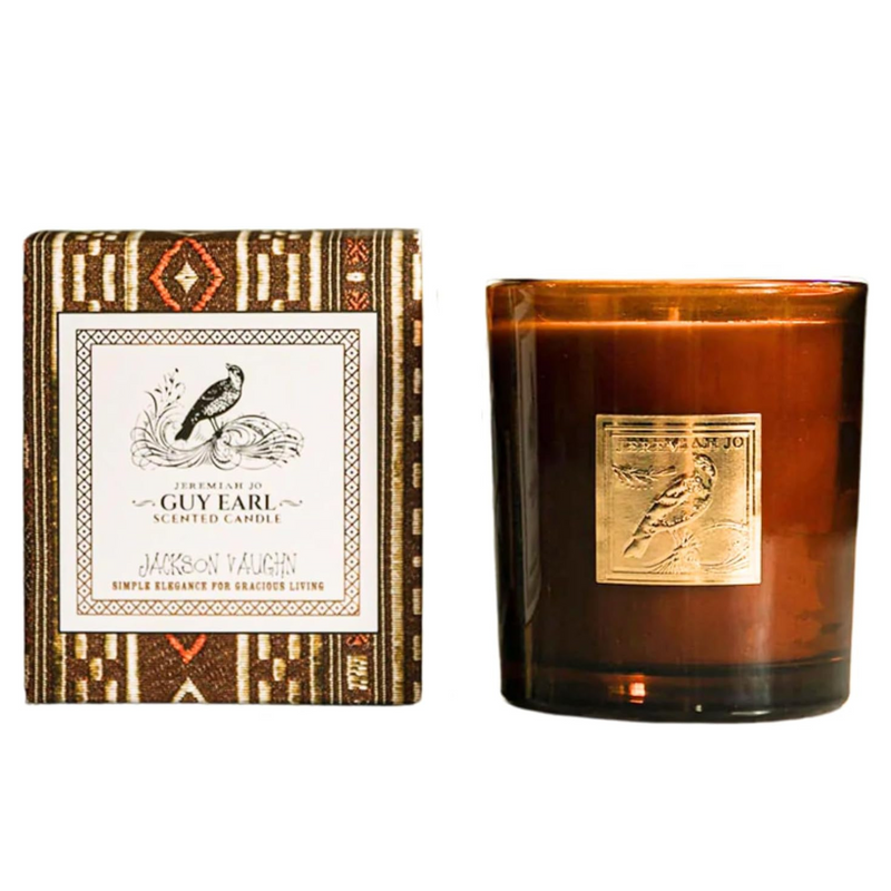 Jackson Vaughn Jeremiah Jo Candle | Aromatherapy Long Lasting Luxury Home Fragrance Decor Gifts Hand Poured Soy Wax Blend Notes of Mahogany Wood, Patchouli, Amber 55 Hour Burn 14.5oz (Guy Earl)