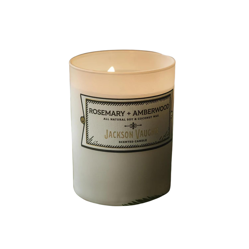 Jackson Vaughn Daily Rituals Candle | Aromatherapy Long Lasting Candles Opaque Frosted Glass Jar Luxury Home Fragrance Decor Gift Hand Poured Soy Wax Blend 30 Hour Burn 13.5oz (Rosemary + Amberwood)