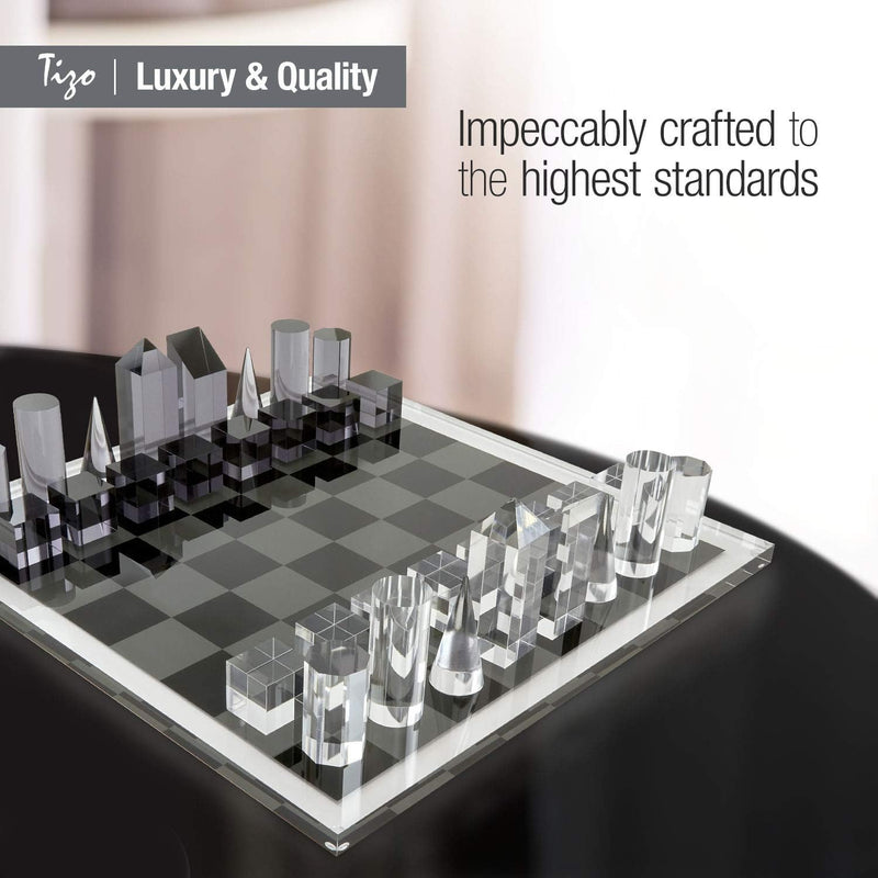 Tizo Design Elegant 17” Lucite Chess Set, Designer Lucite & Acrylic Pieces, Modern & Trendy, Multiple Options Available (Clear & Smoke)