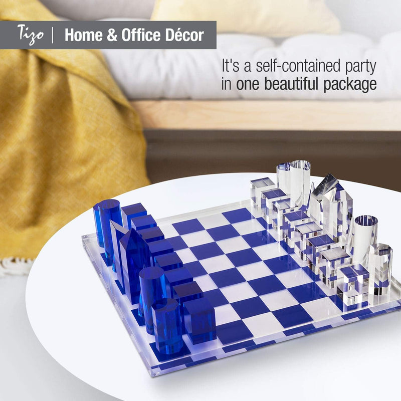 Tizo Design Elegant 17” Lucite Chess Set, Designer Lucite & Acrylic Pieces, Modern & Trendy, Multiple Options Available (Clear & Smoke)