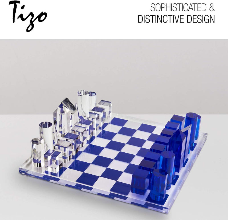 Tizo Design Elegant 17” Lucite Chess Set, Designer Lucite & Acrylic Pieces, Modern & Trendy, Multiple Options Available (Clear & Smoke)