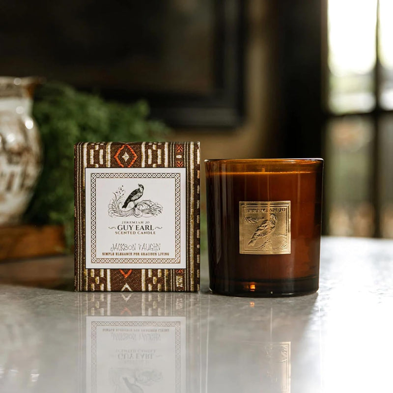 Jackson Vaughn Jeremiah Jo Candle | Aromatherapy Long Lasting Luxury Home Fragrance Decor Gifts Hand Poured Soy Wax Blend Notes of Mahogany Wood, Patchouli, Amber 55 Hour Burn 14.5oz (Guy Earl)