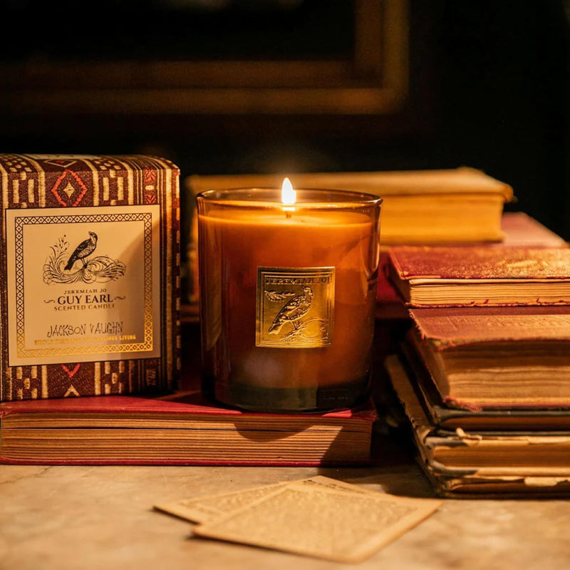 Jackson Vaughn Jeremiah Jo Candle | Aromatherapy Long Lasting Luxury Home Fragrance Decor Gifts Hand Poured Soy Wax Blend Notes of Mahogany Wood, Patchouli, Amber 55 Hour Burn 14.5oz (Guy Earl)