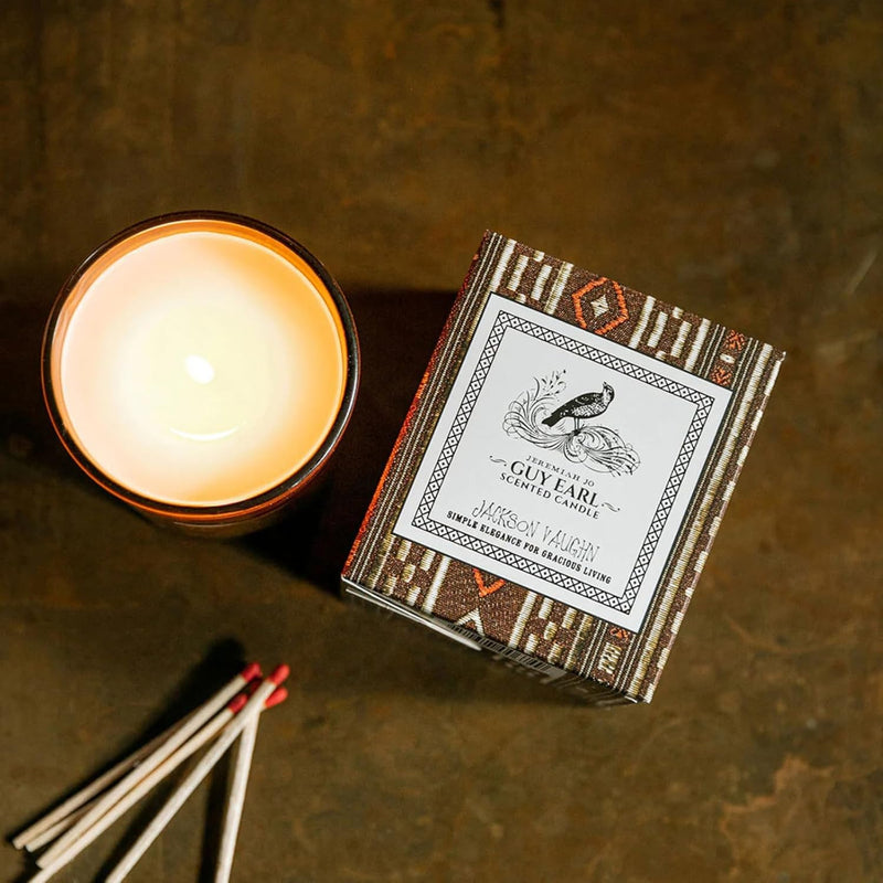 Jackson Vaughn Jeremiah Jo Candle | Aromatherapy Long Lasting Luxury Home Fragrance Decor Gifts Hand Poured Soy Wax Blend Notes of Mahogany Wood, Patchouli, Amber 55 Hour Burn 14.5oz (Guy Earl)