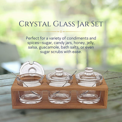 Badash Crystal Glass Jar Set - 10-Piece Glass Jars with Lids, Spoons, and Wood Stand for Jam, Honey, Spice, or Condiments - Ideal for Salad Dressing & Sauce