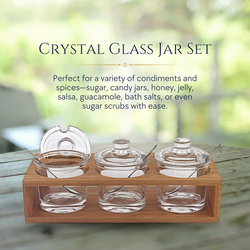 Badash Crystal Glass Jar Set - 10-Piece Glass Jars with Lids, Spoons, and Wood Stand for Jam, Honey, Spice, or Condiments - Ideal for Salad Dressing & Sauce