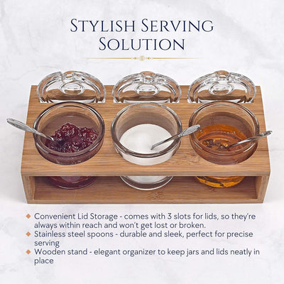 Badash Crystal Glass Jar Set - 10-Piece Glass Jars with Lids, Spoons, and Wood Stand for Jam, Honey, Spice, or Condiments - Ideal for Salad Dressing & Sauce