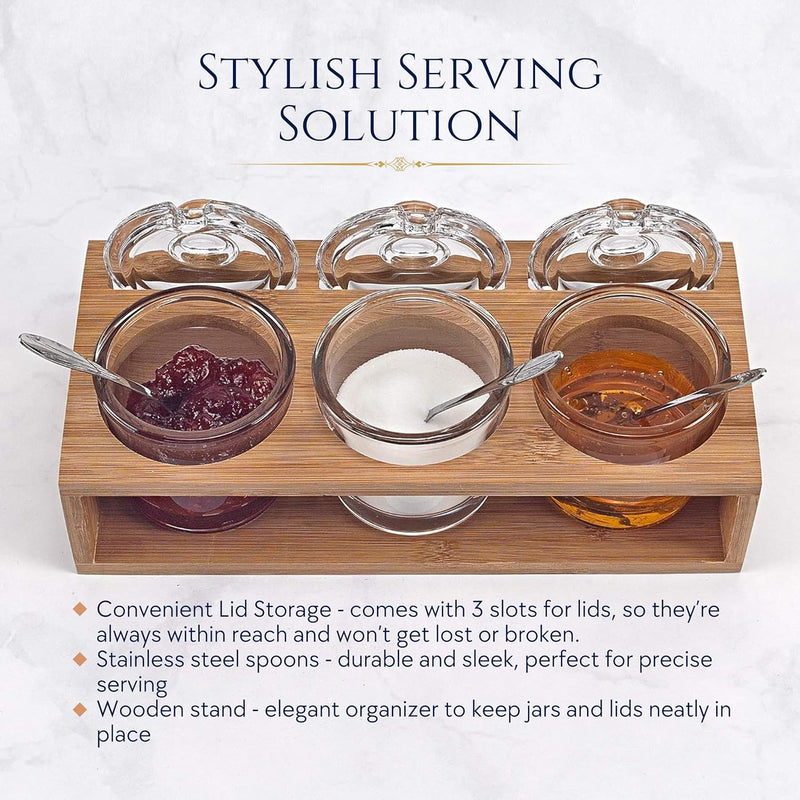 Badash Crystal Glass Jar Set - 10-Piece Glass Jars with Lids, Spoons, and Wood Stand for Jam, Honey, Spice, or Condiments - Ideal for Salad Dressing & Sauce