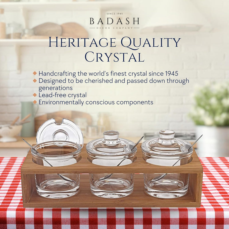 Badash Crystal Glass Jar Set - 10-Piece Glass Jars with Lids, Spoons, and Wood Stand for Jam, Honey, Spice, or Condiments - Ideal for Salad Dressing & Sauce