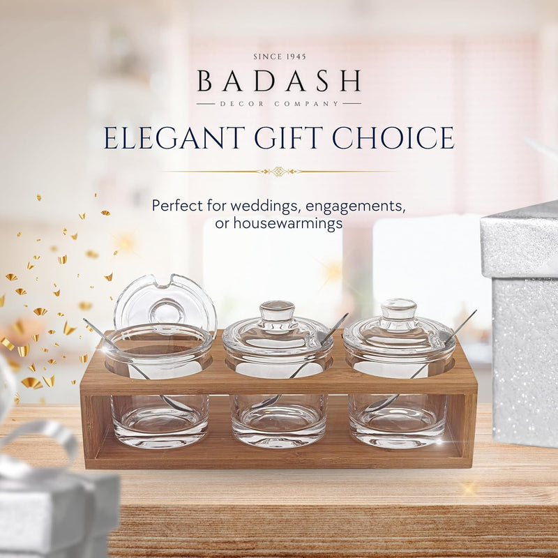 Badash Crystal Glass Jar Set - 10-Piece Glass Jars with Lids, Spoons, and Wood Stand for Jam, Honey, Spice, or Condiments - Ideal for Salad Dressing & Sauce