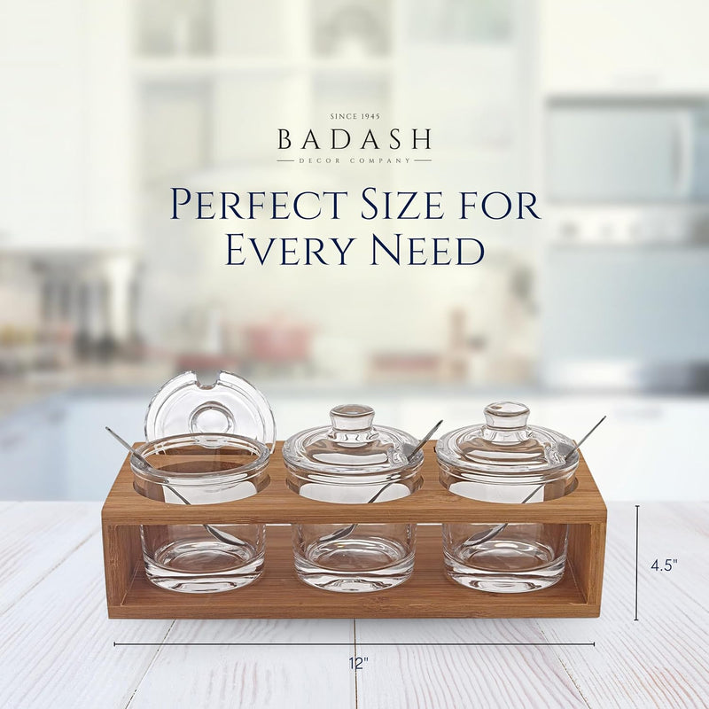 Badash Crystal Glass Jar Set - 10-Piece Glass Jars with Lids, Spoons, and Wood Stand for Jam, Honey, Spice, or Condiments - Ideal for Salad Dressing & Sauce