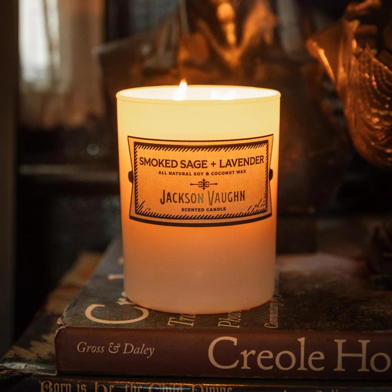 Jackson Vaughn Daily Rituals Candle | Aromatherapy Long Lasting Candles Opaque Frosted Glass Jar Luxury Home Fragrance Decor Gift Hand Poured Soy Wax Blend 30 Hour Burn 13.5oz (Smoked Sage + Lavender)