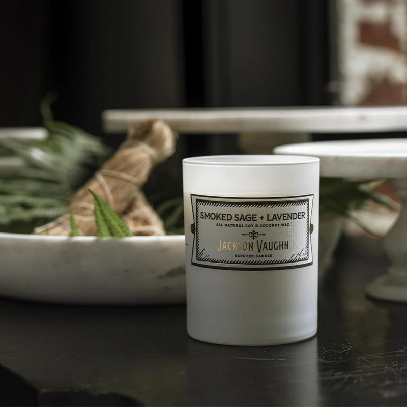Jackson Vaughn Daily Rituals Candle | Aromatherapy Long Lasting Candles Opaque Frosted Glass Jar Luxury Home Fragrance Decor Gift Hand Poured Soy Wax Blend 30 Hour Burn 13.5oz (Smoked Sage + Lavender)