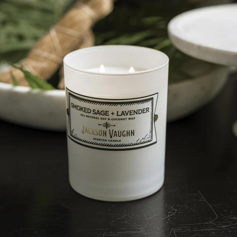 Jackson Vaughn Daily Rituals Candle | Aromatherapy Long Lasting Candles Opaque Frosted Glass Jar Luxury Home Fragrance Decor Gift Hand Poured Soy Wax Blend 30 Hour Burn 13.5oz (Smoked Sage + Lavender)