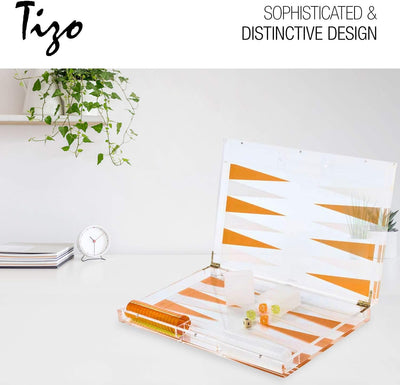 TIZO Elegant 18” Lucite Backgammon Set, Lucite Chips & Cups with Magnetic Closure, Elegant & Practical Boutique Quality Home Décor, Clear, Black & White