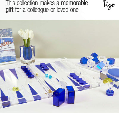 TIZO Elegant 18” Lucite Backgammon Set, Lucite Chips & Cups with Magnetic Closure, Elegant & Practical Boutique Quality Home Décor, Clear, Black & White