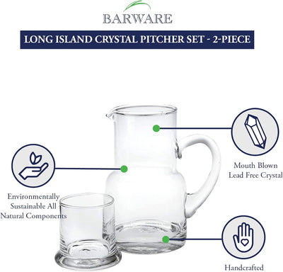 Badash Long Island Crystal Pitcher Set - 2-Piece 24 oz. Mouth-Blown Lead-Free Crystal Glass Carafe with 6 oz. Glass Set - Perfect Bedside or Desktop Water Pitcher