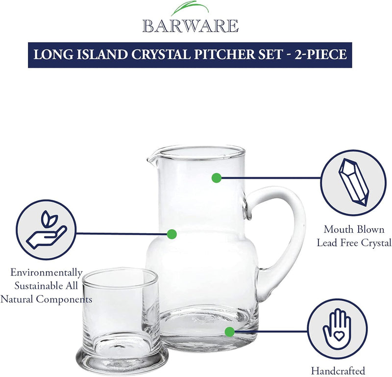 Badash Long Island Crystal Pitcher Set - 2-Piece 24 oz. Mouth-Blown Lead-Free Crystal Glass Carafe with 6 oz. Glass Set - Perfect Bedside or Desktop Water Pitcher