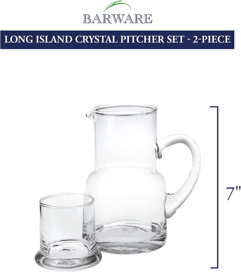 Badash Long Island Crystal Pitcher Set - 2-Piece 24 oz. Mouth-Blown Lead-Free Crystal Glass Carafe with 6 oz. Glass Set - Perfect Bedside or Desktop Water Pitcher