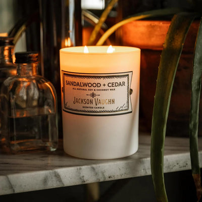 Jackson Vaughn Daily Rituals Candle | Aromatherapy Long Lasting Candles Opaque Frosted Glass Jar Luxury Home Fragrance Decor Gifts Hand Poured Soy Wax Blend 30 Hour Burn 13.5oz (Sandalwood + Cedar)