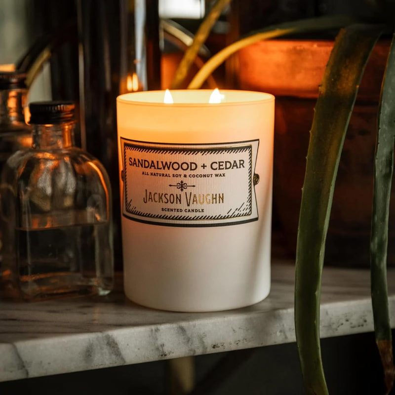 Jackson Vaughn Daily Rituals Candle | Aromatherapy Long Lasting Candles Opaque Frosted Glass Jar Luxury Home Fragrance Decor Gifts Hand Poured Soy Wax Blend 30 Hour Burn 13.5oz (Sandalwood + Cedar)