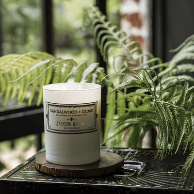 Jackson Vaughn Daily Rituals Candle | Aromatherapy Long Lasting Candles Opaque Frosted Glass Jar Luxury Home Fragrance Decor Gifts Hand Poured Soy Wax Blend 30 Hour Burn 13.5oz (Sandalwood + Cedar)
