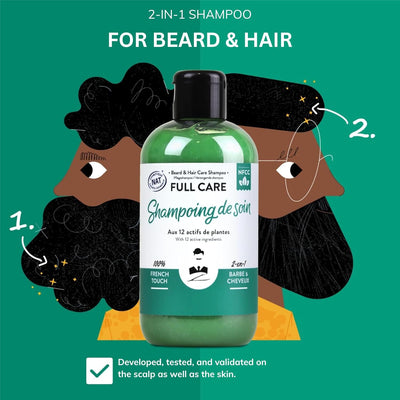 2-in-1 Beard & Hair Care Shampoo | Vegan, Sulfate-Free Replenishing, Nourishing, Sandalwood Fragrance | Natural, Calms Itching, Paraben & Silicone-Free Made In France 250mL