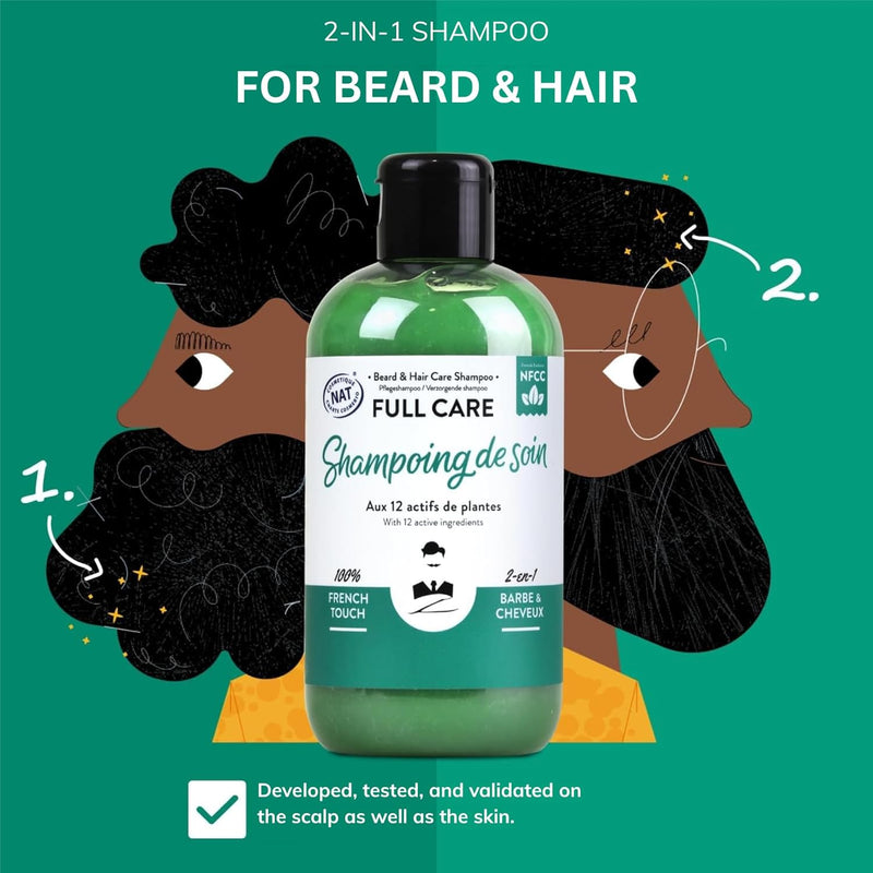 2-in-1 Beard & Hair Care Shampoo | Vegan, Sulfate-Free Replenishing, Nourishing, Sandalwood Fragrance | Natural, Calms Itching, Paraben & Silicone-Free Made In France 250mL