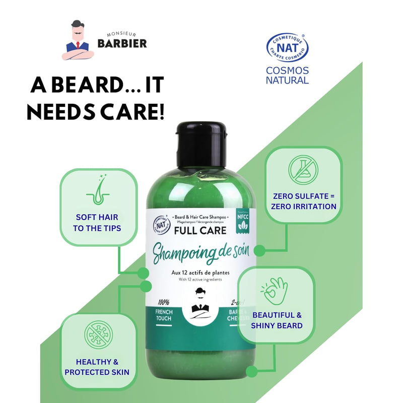 2-in-1 Beard & Hair Care Shampoo | Vegan, Sulfate-Free Replenishing, Nourishing, Sandalwood Fragrance | Natural, Calms Itching, Paraben & Silicone-Free Made In France 250mL