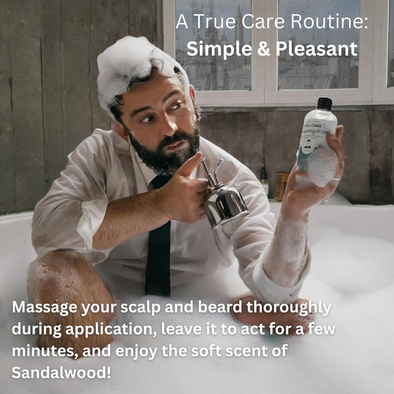 2-in-1 Beard & Hair Care Shampoo | Vegan, Sulfate-Free Replenishing, Nourishing, Sandalwood Fragrance | Natural, Calms Itching, Paraben & Silicone-Free Made In France 250mL