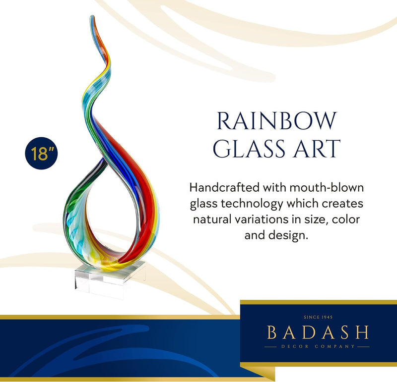 Badash Rainbow Murano-Style Sculpture - Home Decor Statue Glass Art - 18" Tall Mouth-Blown on Crystal Base
