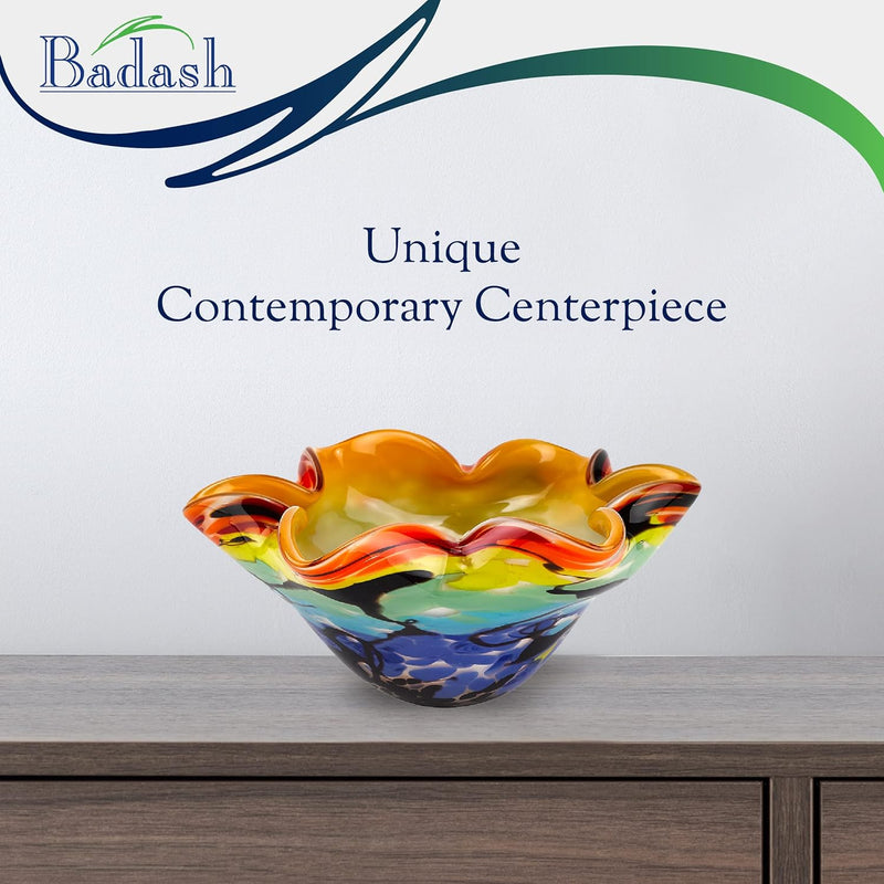 Badash Allura Bowl - Murano-Style Rainbow Art Glass - Murano-Style Art Glass Bowl Centerpiece - 8” Mouth-Blown Glass Bowl - Decor Bowl Centerpiece Home Decor Accent