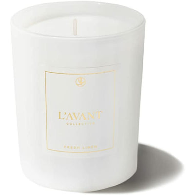 L'AVANT Collective White Candle | Fresh Linen Scented | Non-Toxic & Paraffin Free | Sophisticated White Glass | 40 Hours of Burn Time | 8 oz