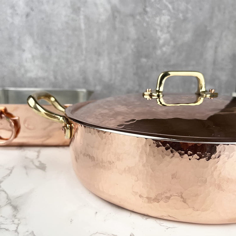 Coppermill Kitchen | Vintage Inspired Large Saute Pan & Lid | Authentic Copper & Brass | Tin-Lined | Hammered Finish | Made in Italy | 3.75 Quarts