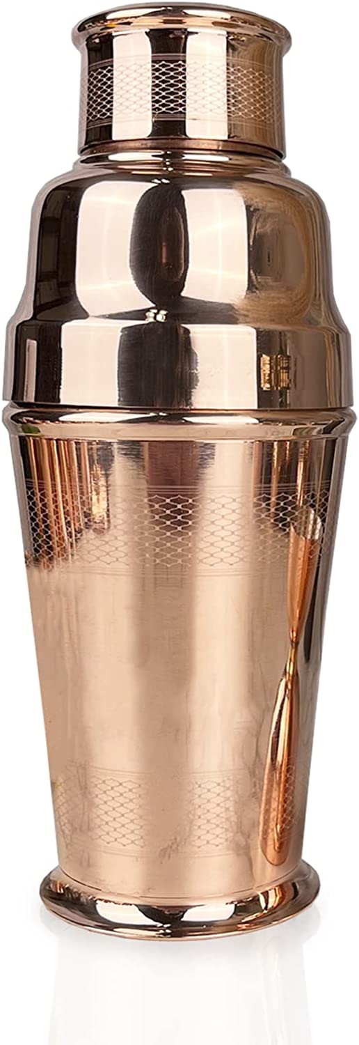 Coppermill Kitchen | Vintage Inspired Cocktail Shaker | Authentic Copper & Brass | 1900s Art Deco Design | Engine Turn Pattern | 2 cups/473 ml