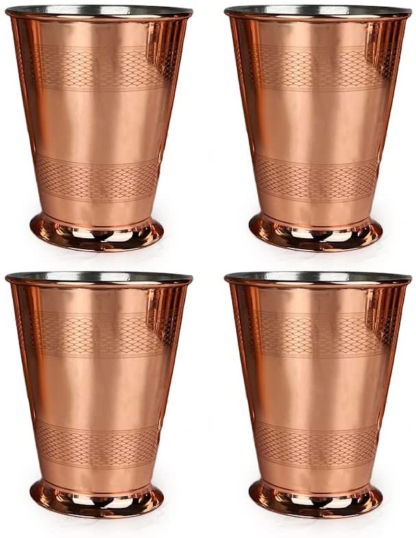 Coppermill Kitchen | Vintage Inspired Cocktail Tumblers | Authentic Copper & Brass | 1900s Art Deco Design | Engine Turn Pattern | Set of Four