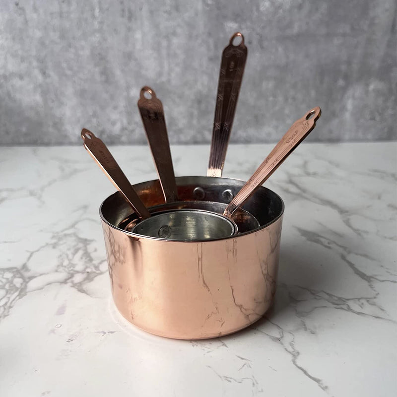 Coppermill Kitchen | Vintage Inspired Measuring Cups | Authentic Copper & Brass | Hand-Engraved Cross & Bow Pattern | Set of 4