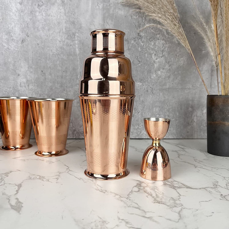 Coppermill Kitchen | Vintage Inspired Jigger | Authentic Copper & Brass | 1900s Art Deco Design | Engine Turn Pattern | Dual 2 oz & 1 oz Sides