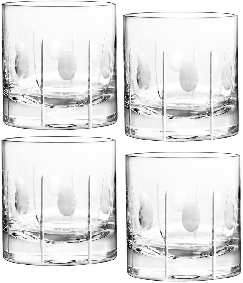 Qualia Glass 3.75-Inch "Gulfstream" Double Old Fashioned High Glasses with Vertical Cuts and Circular Design, 9-Ounce, Set of 4