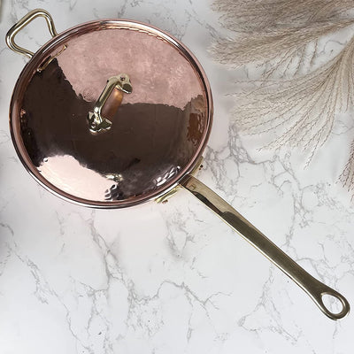 Coppermill Kitchen | Vintage Inspired Large Saute Pan & Lid | Authentic Copper & Brass | Tin-Lined | Hammered Finish | Made in Italy | 3.75 Quarts