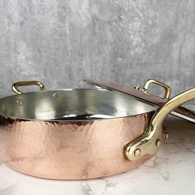 Coppermill Kitchen | Vintage Inspired Large Saute Pan & Lid | Authentic Copper & Brass | Tin-Lined | Hammered Finish | Made in Italy | 3.75 Quarts