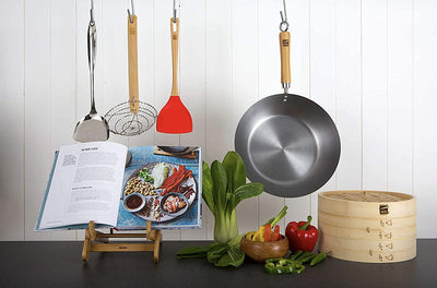 School of Wok 12" Skinny Wok | Flat Bottom | Carbon Steel | Bamboo Handle with Loop Hook | Dimple Surface to Spread Oil Thinly |12in/30cm