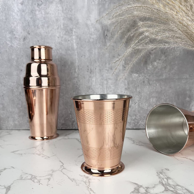 Coppermill Kitchen | Vintage Inspired Cocktail Tumblers | Authentic Copper & Brass | 1900s Art Deco Design | Engine Turn Pattern | Set of Four
