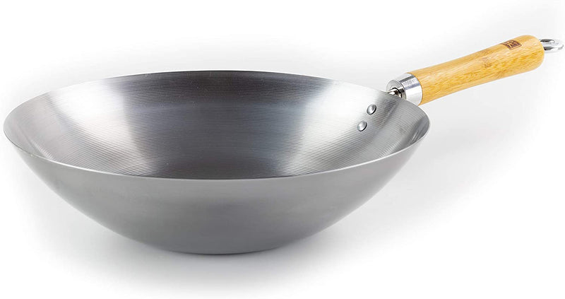 School of Wok 12" Wok | Flat Bottom | Carbon Steel | Bamboo Handle with Loop Hook | 12in/30cm
