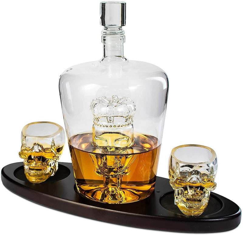 Skull Crown Decanter in Bottle Skull Head with 2 Skull Glasses by The Wine Savant 750ml