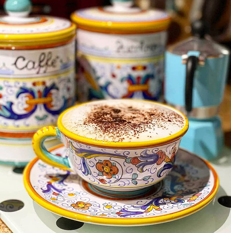 Deruta Italy by Gute | Raffaellesco Coffee Jar | Handcrafted & Handpainted Italian Ceramics | Authentic Italian Pottery Handmade in Deruta, Italy